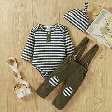 LUCKBBLO Baby Boy Clothes Newborn Fall Winter Boys Clothes fall baby outfits Long Sleeve Striped Bodysuit Romper Overalls Suspender Pants Set Green 6-9 Months
