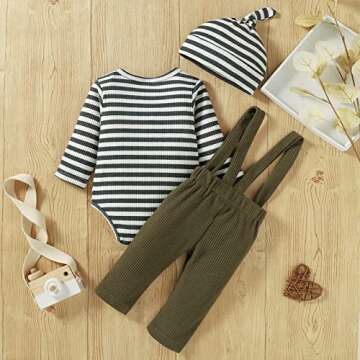 LUCKBBLO Baby Boy Clothes Newborn Fall Winter Boys Clothes fall baby outfits Long Sleeve Striped Bodysuit Romper Overalls Suspender Pants Set Green 6-9 Months