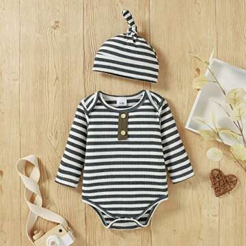 LUCKBBLO Baby Boy Clothes Newborn Fall Winter Boys Clothes fall baby outfits Long Sleeve Striped Bodysuit Romper Overalls Suspender Pants Set Green 6-9 Months