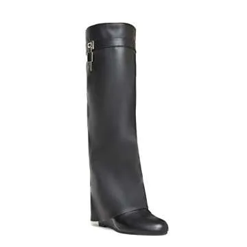 Arqa Women's Fold Over Knee High Boots Covered Wedge Heel Almond Toe Padlock Boot Wide Calf Pull-on Shoe Black Size 7