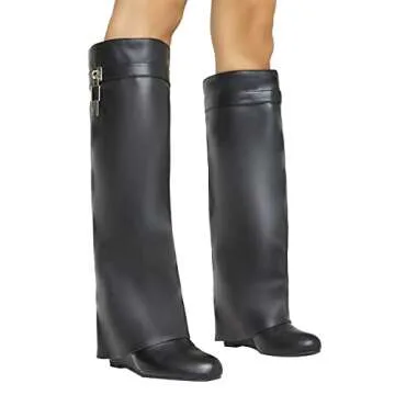 Arqa Women's Fold Over Knee High Boots Covered Wedge Heel Almond Toe Padlock Boot Wide Calf Pull-on Shoe Black Size 7