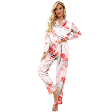 Ekouaer Women's Classic Long Satin Silk Pajama Set - Floral Pink - Medium