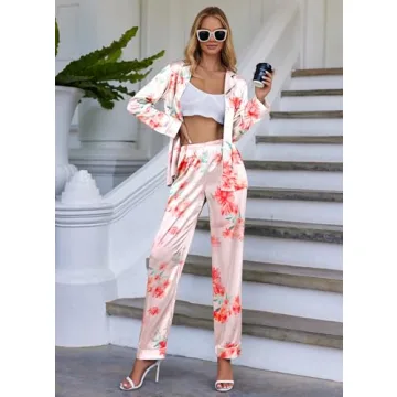 Ekouaer Women's Pink Floral Silk Pajama Set, Medium