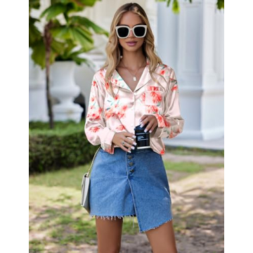 Ekouaer Women's Pink Floral Silk Pajama Set, Medium