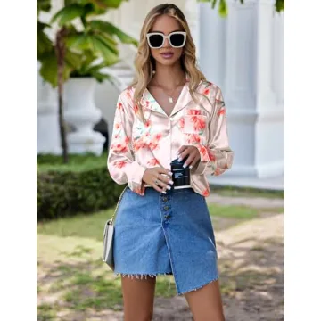 Ekouaer Women's Pink Floral Silk Pajama Set, Medium