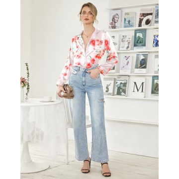 Ekouaer Women's Pink Floral Silk Pajama Set, Medium