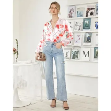 Ekouaer Women's Pink Floral Silk Pajama Set, Medium