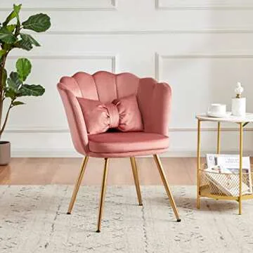 Tbfit Velvet Vanity Chair for Makeup Room, Makeup Chair with Shell Back for Bedroom, Accent Chairs for Living Room with Golden Metal Legs, Pink