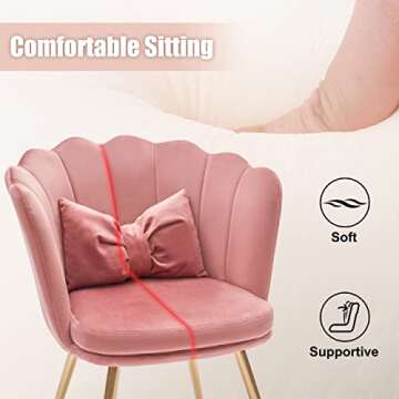 Tbfit Velvet Vanity Chair for Makeup Room, Makeup Chair with Shell Back for Bedroom, Accent Chairs for Living Room with Golden Metal Legs, Pink