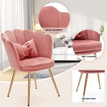 Tbfit Velvet Vanity Chair for Makeup Room, Makeup Chair with Shell Back for Bedroom, Accent Chairs for Living Room with Golden Metal Legs, Pink