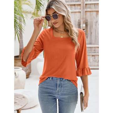 Poetsky Womens's 3/4 Length Sleeve Fall Tops Casual Square Neck Shirts 2024 Trendy Tee Blouses Orange XL