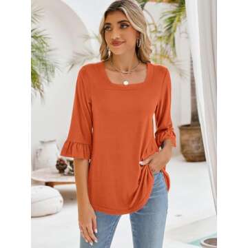 Poetsky Womens's 3/4 Length Sleeve Fall Tops Casual Square Neck Shirts 2024 Trendy Tee Blouses Orange XL