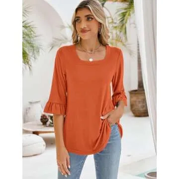 Poetsky Womens's 3/4 Length Sleeve Fall Tops Casual Square Neck Shirts 2024 Trendy Tee Blouses Orange XL