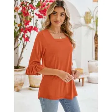Poetsky Womens's 3/4 Length Sleeve Fall Tops Casual Square Neck Shirts 2024 Trendy Tee Blouses Orange XL