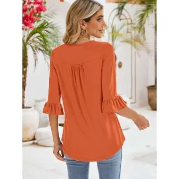 Poetsky Womens's 3/4 Length Sleeve Fall Tops Casual Square Neck Shirts 2024 Trendy Tee Blouses Orange XL