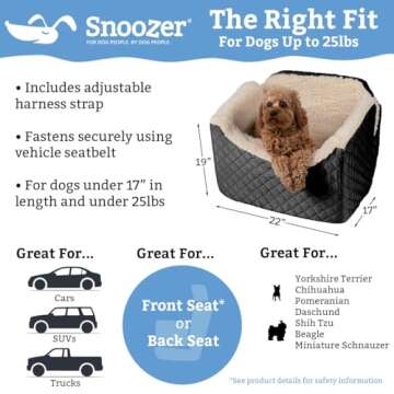 Snoozer Dog Car Seat, Lookout I Dog Booster Car Seat for Small Dogs Under 25lbs, Size: Medium, Fabric: Black Quilted, Pet Car Seat to Alleviate Car Sickness for Dogs, Removable Machine Washable Cover