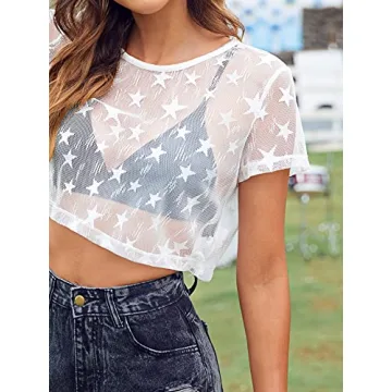 MakeMeChic Women's Star Sheer Mesh Crop Top - Summer Style