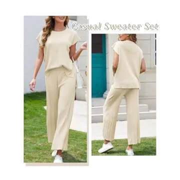 Aedceal Women's Sweater Set 2 Piece Lounge Set Knit Pullover Tops Vest High Waisted Pants Outfits(Beige-M)