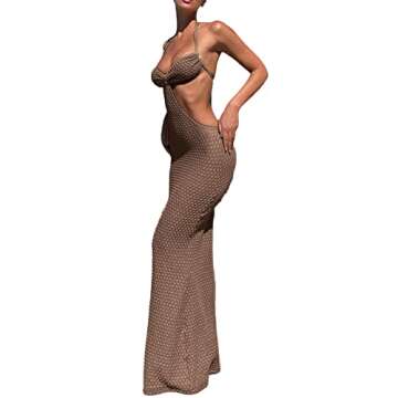 NUFIWI Womens Sexy Knitted Cut Out Spaghetti Strap Long Dresses Halter Neck Backless Maxi Dress Club Party Y2K Streetwear(Lace Up Brown,Small)