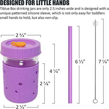 4 Pack Kids & Toddler Cups - 8 OZ Glass Mason Jars Spill Proof Smoothie Snack Cups with Leak Proof R...