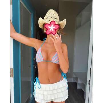 Women Hollow Out Crochet Knit Shorts Ruffled Layered Pleated Tiered Summer Fall Beach Music Festival Shorts