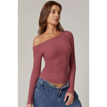 QINSEN Sexy One Shoulder Double Lined Tops for Women Long Sleeve Ruched Shirt Basic Fitted Tees Merlot XS