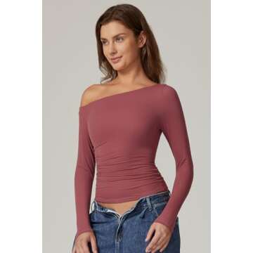 QINSEN Sexy One Shoulder Double Lined Tops for Women Long Sleeve Ruched Shirt Basic Fitted Tees Merlot XS