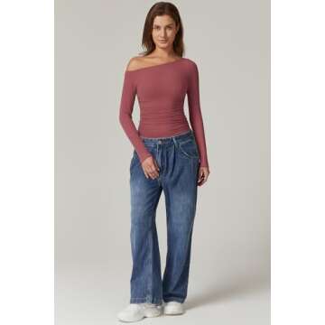 QINSEN Sexy One Shoulder Double Lined Tops for Women Long Sleeve Ruched Shirt Basic Fitted Tees Merlot XS