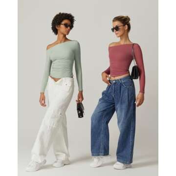 QINSEN Sexy One Shoulder Double Lined Tops for Women Long Sleeve Ruched Shirt Basic Fitted Tees Merlot XS