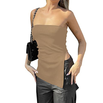 Lauweion Women's Strapless Knit Tube Top Y2K Asymmetrical Slits Solid Slim Fitted Off The Shoulder G...