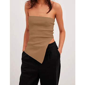Lauweion Women's Strapless Knit Tube Top with Asymmetrical Slits