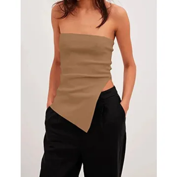 Lauweion Women's Strapless Knit Tube Top with Asymmetrical Slits