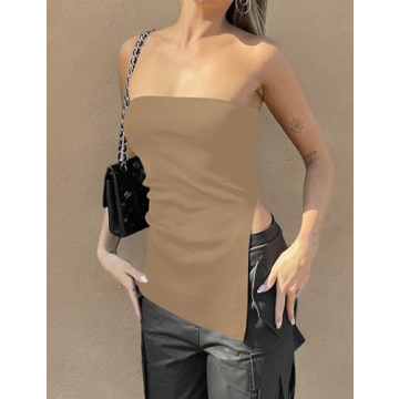 Lauweion Women's Strapless Knit Tube Top with Asymmetrical Slits