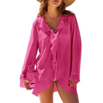 MEROKEETY Women's 2024 Summer Swimsuit Bikini Cover Up Casual Loose Long Sleeve Tie Front Ruffle Kim...