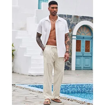 COOFANDY Men Linen Yoga Beach Pants Stretchy Comfort