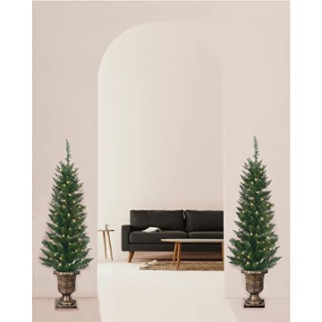 Set of 2 Lighted 4ft Cedar Topiary Trees for Home Decor
