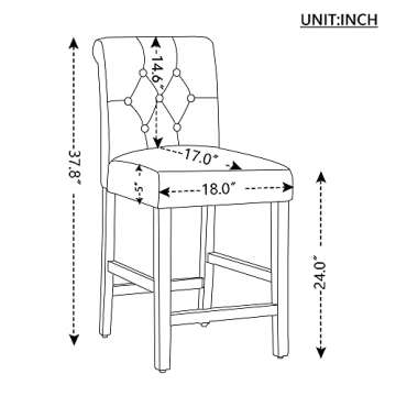 LSSBOUGHT 24 Inches Upholstered Counter Stools, Bar Stools Set of 2, Fabric Counter Stools with Back, Counter Height Bar Chairs with Solid Wood Legs for Home Kitchen Island Dining Room, (2pcs,Blue)