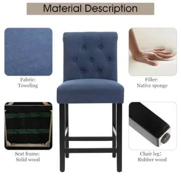 LSSBOUGHT 24 Inches Upholstered Counter Stools, Bar Stools Set of 2, Fabric Counter Stools with Back, Counter Height Bar Chairs with Solid Wood Legs for Home Kitchen Island Dining Room, (2pcs,Blue)