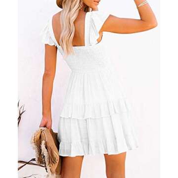Women Summer Dresses Casual Boho Smocked Ruffles Sun Beach Babydoll Mini Dress Layered Flowy Swing Casaul Dress A-White