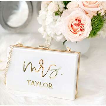 ModParty Mrs Personalized Clutch Purse | White & Gold Acrylic Bride Purse | Engagement, Bridal Showe...