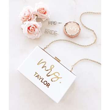 ModParty Mrs Personalized Clutch Purse | White & Gold Acrylic Bride Purse | Engagement, Bridal Shower Gift for Bride| Honeymoon Accessory | Crossbody with Removable Chain