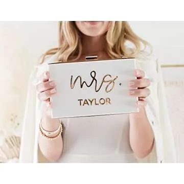 ModParty Mrs Personalized Clutch Purse | White & Gold Acrylic Bride Purse | Engagement, Bridal Shower Gift for Bride| Honeymoon Accessory | Crossbody with Removable Chain