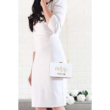 ModParty Mrs Personalized Clutch Purse | White & Gold Acrylic Bride Purse | Engagement, Bridal Shower Gift for Bride| Honeymoon Accessory | Crossbody with Removable Chain