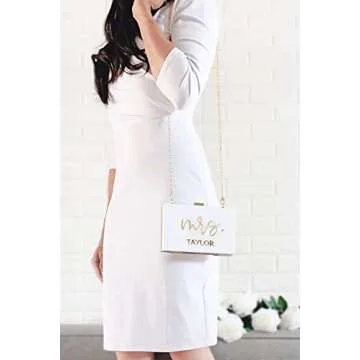 ModParty Mrs Personalized Clutch Purse | White & Gold Acrylic Bride Purse | Engagement, Bridal Shower Gift for Bride| Honeymoon Accessory | Crossbody with Removable Chain