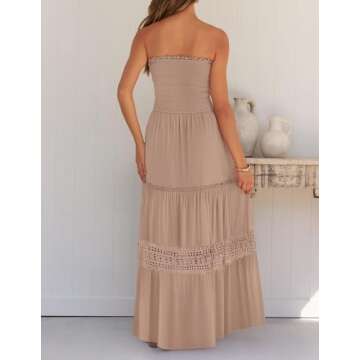ZESICA Women's 2025 Summer Bohemian Strapless Off Shoulder Lace Trim Backless Flowy A Line Beach Long Maxi Dress,Pink,Medium