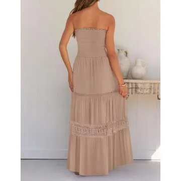 ZESICA Women's 2025 Summer Bohemian Strapless Off Shoulder Lace Trim Backless Flowy A Line Beach Long Maxi Dress,Pink,Medium