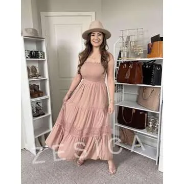 ZESICA Women's 2025 Summer Bohemian Strapless Off Shoulder Lace Trim Backless Flowy A Line Beach Long Maxi Dress,Pink,Medium