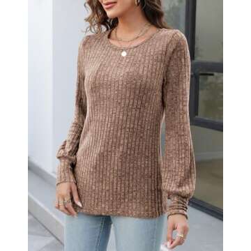 Fall Sweaters for Women Lightweight Ribbed Balloon Sleeve Casual Sweater Tops Khaki XL