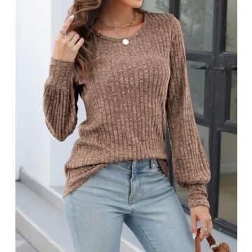 Fall Sweaters for Women Lightweight Ribbed Balloon Sleeve Casual Sweater Tops Khaki XL