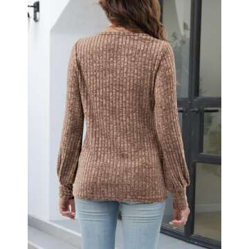 Fall Sweaters for Women Lightweight Ribbed Balloon Sleeve Casual Sweater Tops Khaki XL